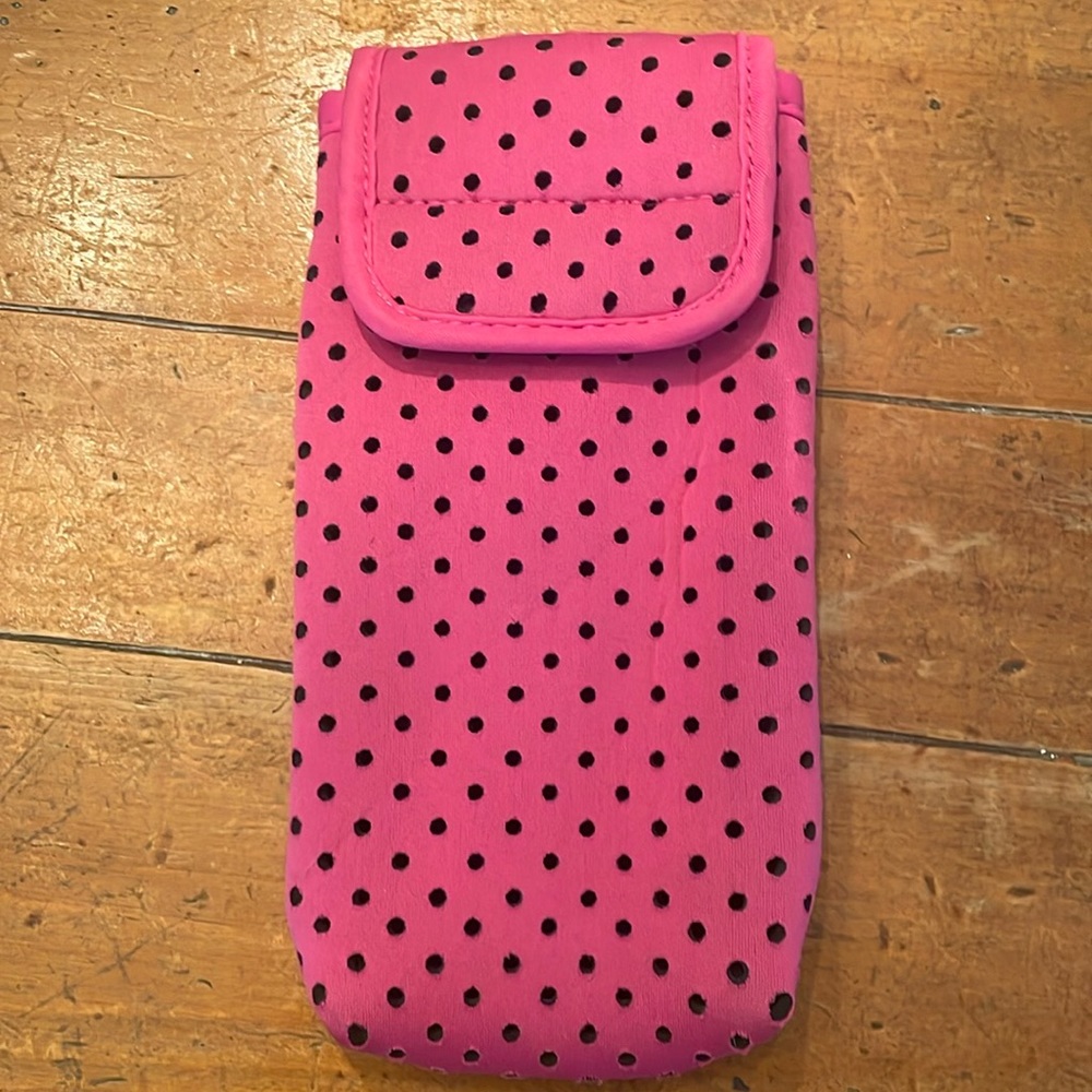 Pink with black polka dot neoprene calculator case with a hanging clip